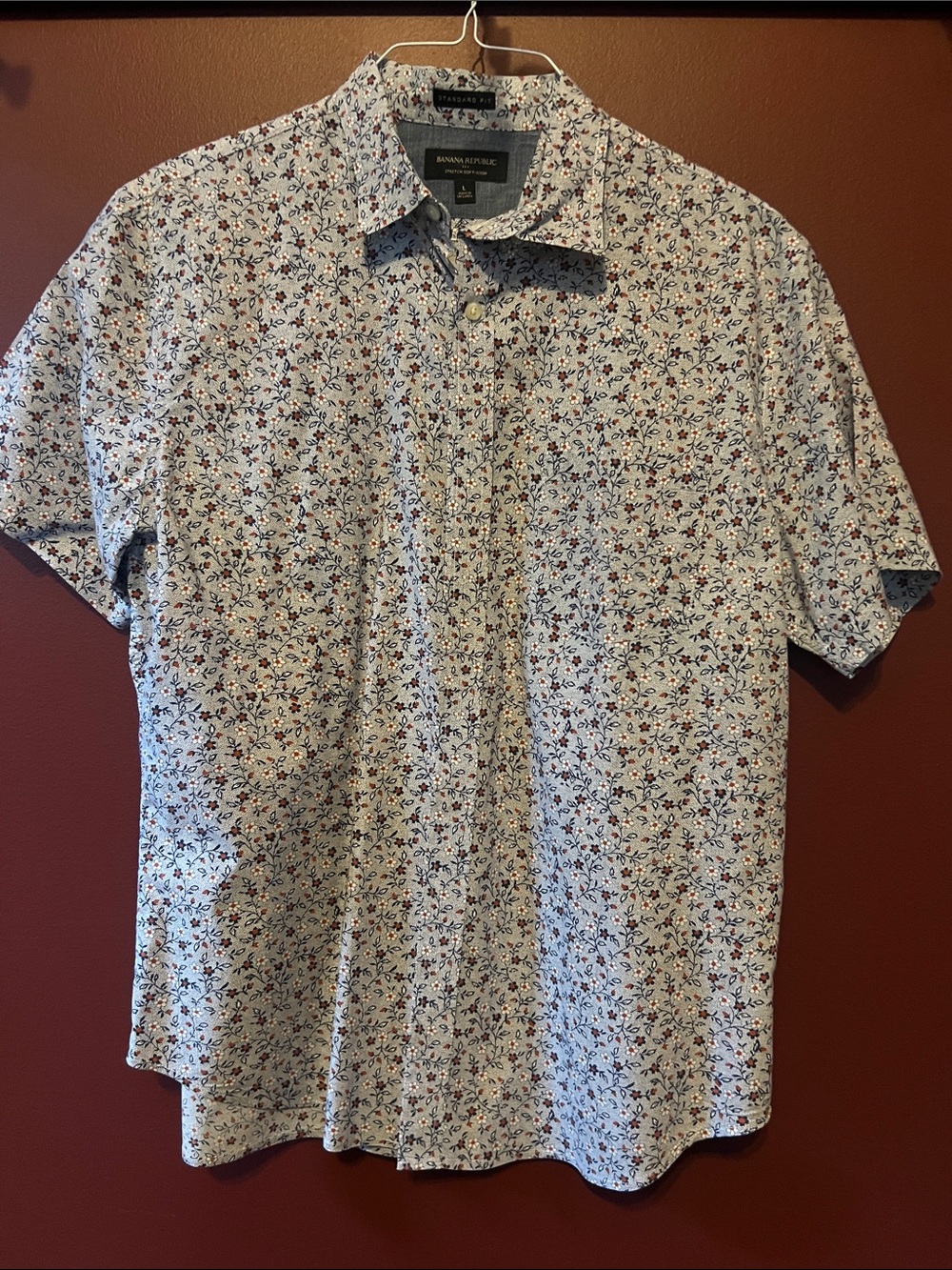BANANA REPUBLIC Slim-Fit Short Sleeve Floral Shirt - White with Navy & Red
